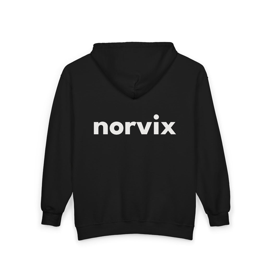 Norvix Logo Zip Hoodie — Minimalist Black Full-Zip Hooded Sweatshirt